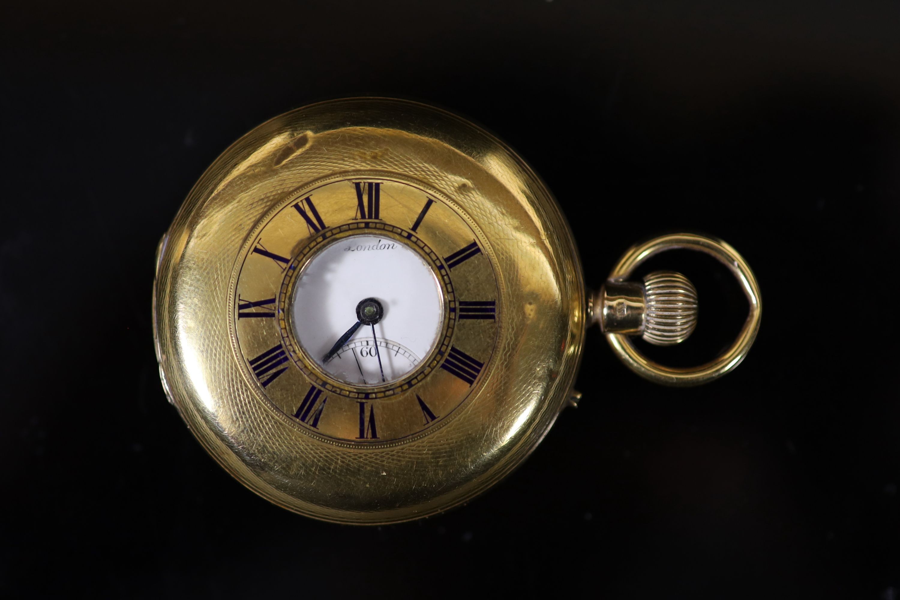 An Edwardian engine turned 18ct gold J.W. Benson, 'The Field Watch', keyless lever half hunter pocket watch
